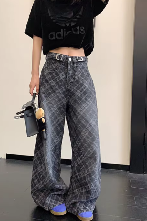 Plaid Wide-Leg Jeans