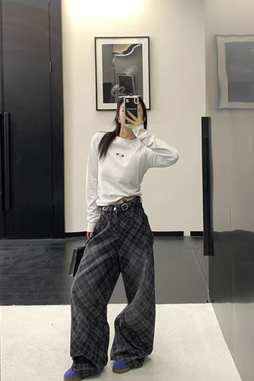 Plaid Wide-Leg Jeans