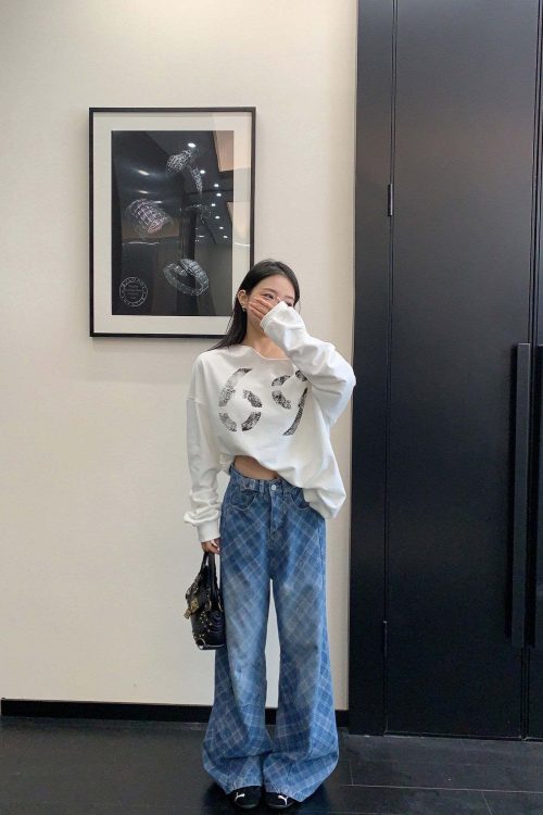 Plaid Wide-Leg Jeans