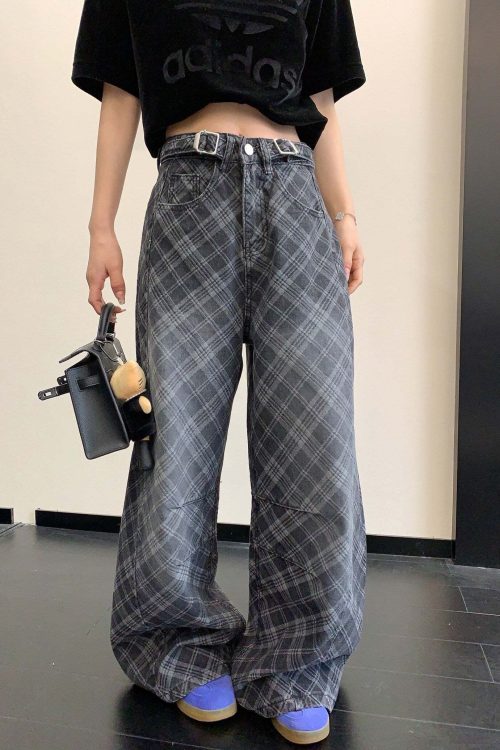 Plaid Wide-Leg Jeans
