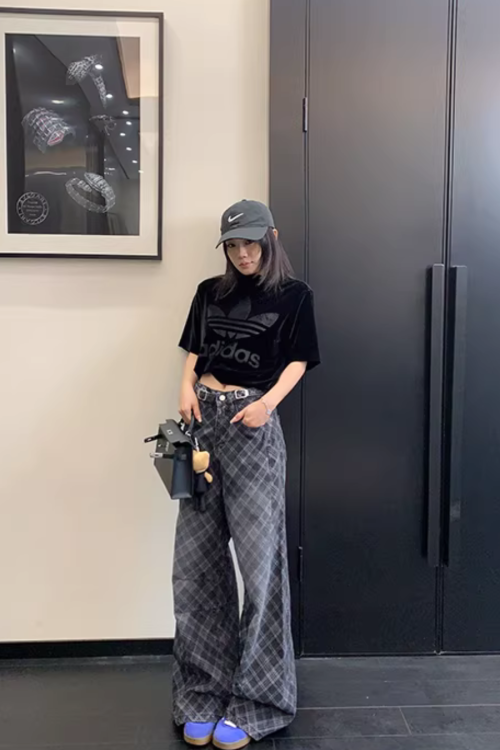 Plaid Wide-Leg Jeans