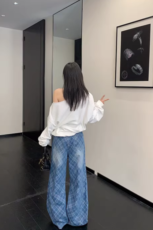 Plaid Wide-Leg Jeans