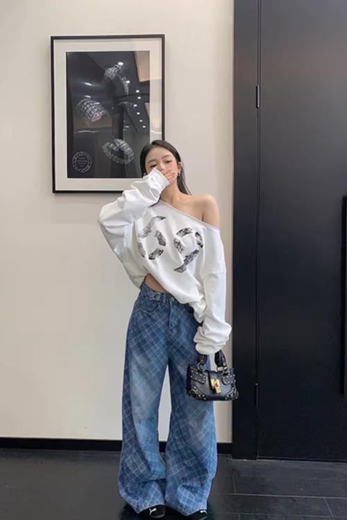 Plaid Wide-Leg Jeans