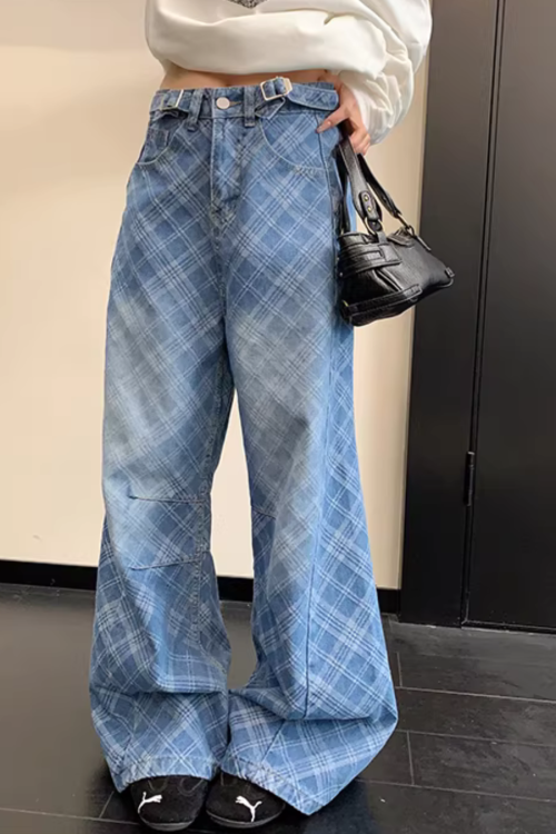 Plaid Wide-Leg Jeans