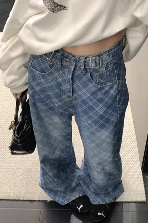 Plaid Wide-Leg Jeans