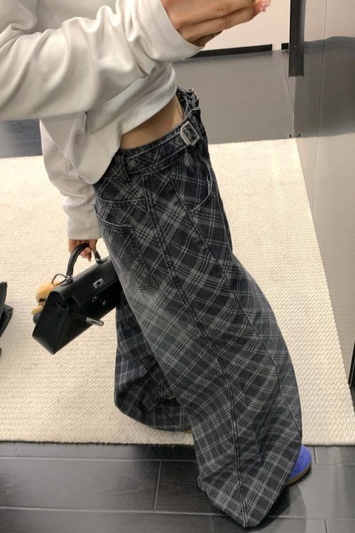 Plaid Wide-Leg Jeans