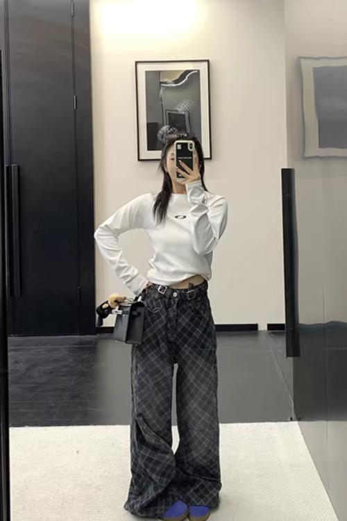 Plaid Wide-Leg Jeans