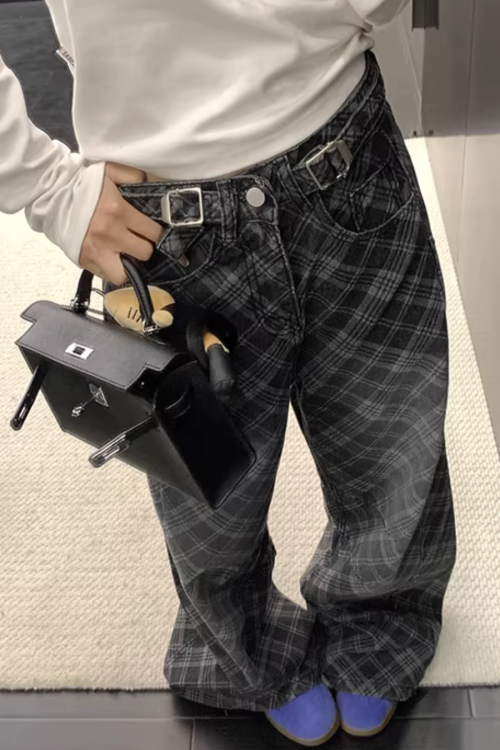Plaid Wide-Leg Jeans