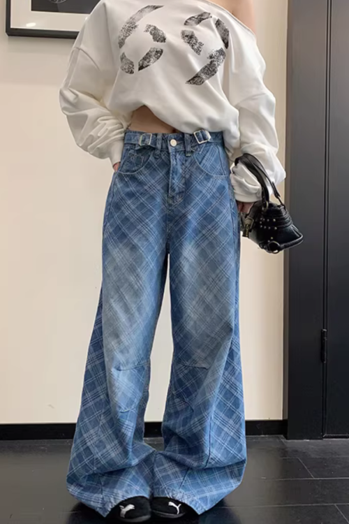 Plaid Wide-Leg Jeans