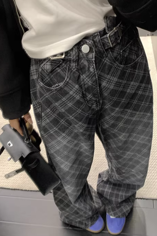 Plaid Wide-Leg Jeans