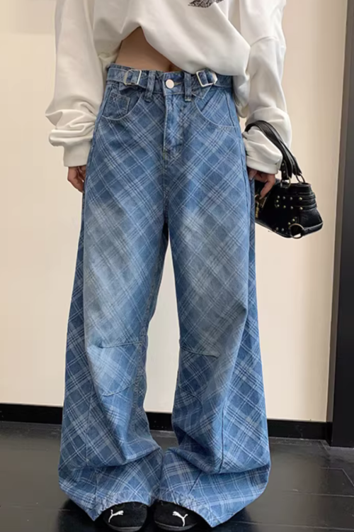 Plaid Wide-Leg Jeans
