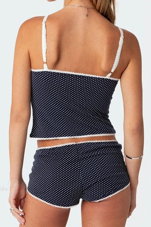 Polka Dot Lace Trim Camisole Micro Shorts Vintage Lounge Two Pieces Set