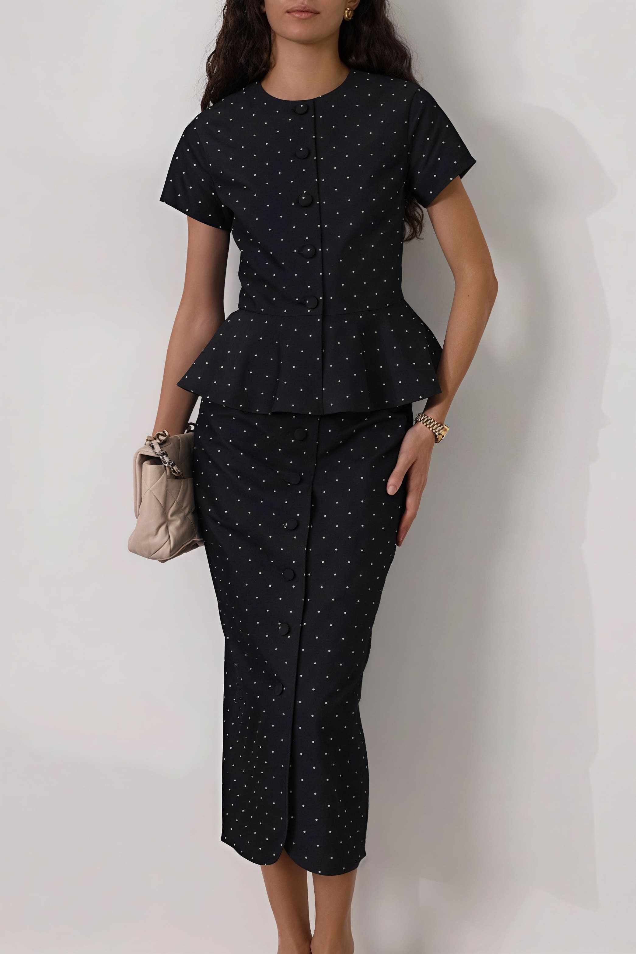 Polka Dot Print Short Sleeve Bodycon Skirt  Set