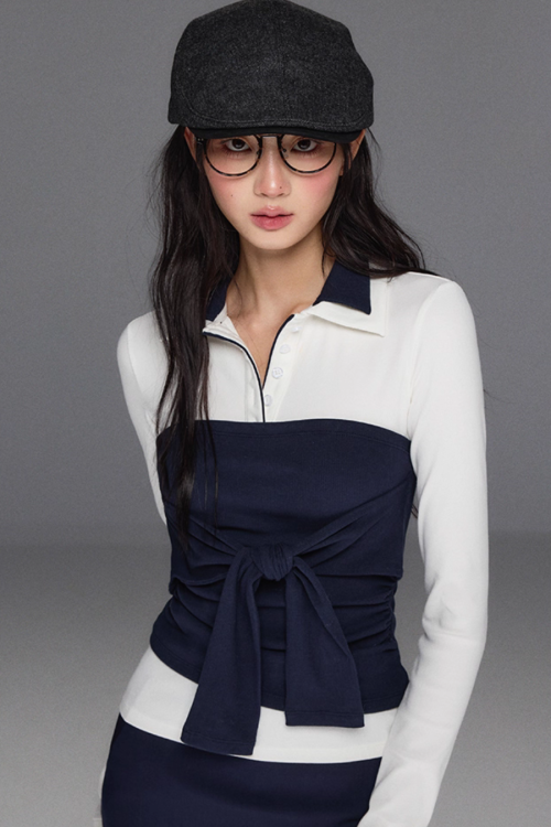 Polo Collar Base Tops / Bow Tube Top / Mini Skirt