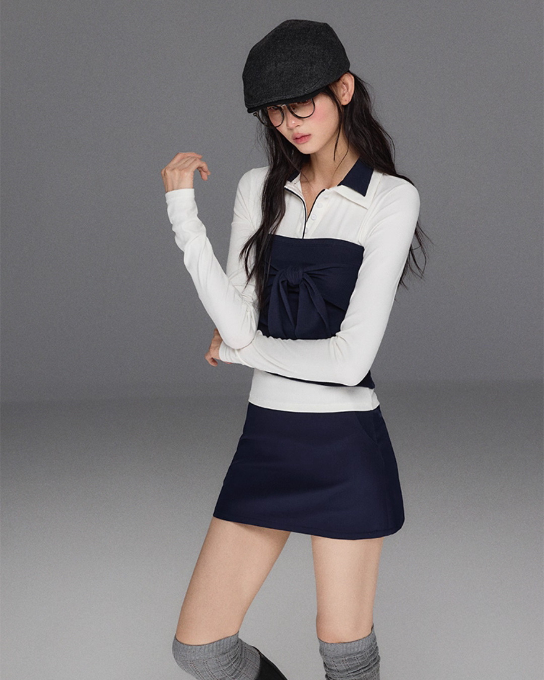 Polo Collar Base Tops / Bow Tube Top / Mini Skirt Polo Collar Base Tops / Bow Tube Top / Mini Skirt