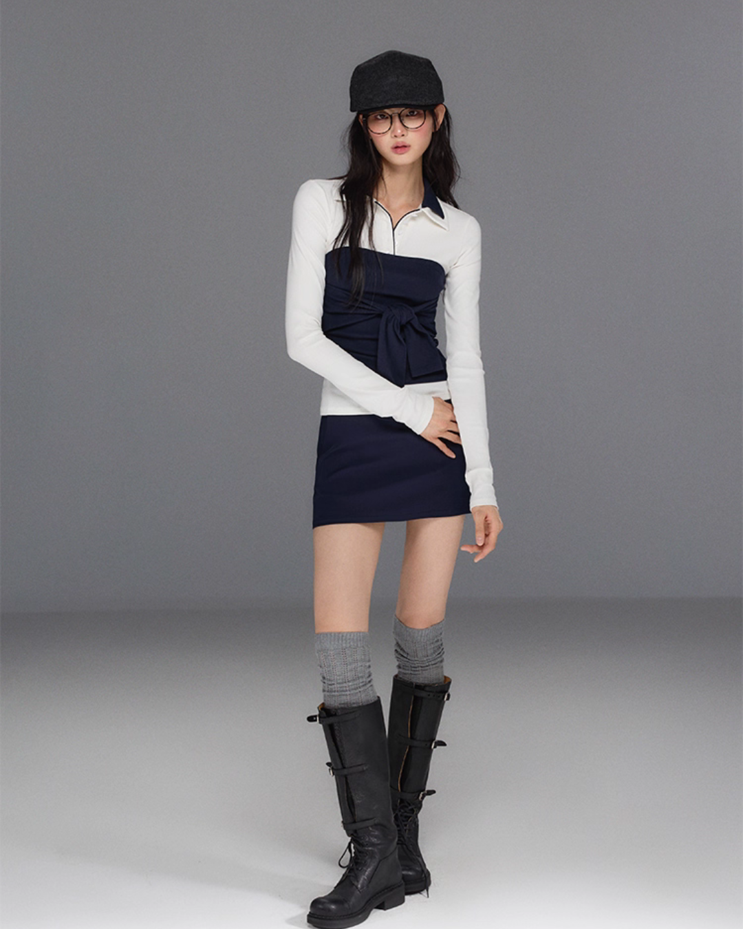 Polo Collar Base Tops / Bow Tube Top / Mini Skirt Polo Collar Base Tops / Bow Tube Top / Mini Skirt