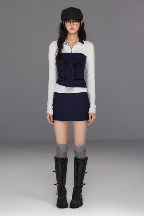 Polo Collar Base Tops / Bow Tube Top / Mini Skirt