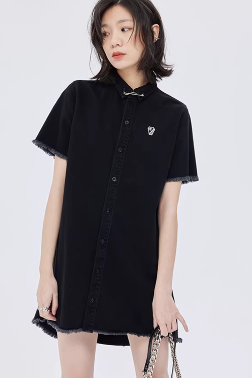 Polo Collar Embroidered Shirt Dress