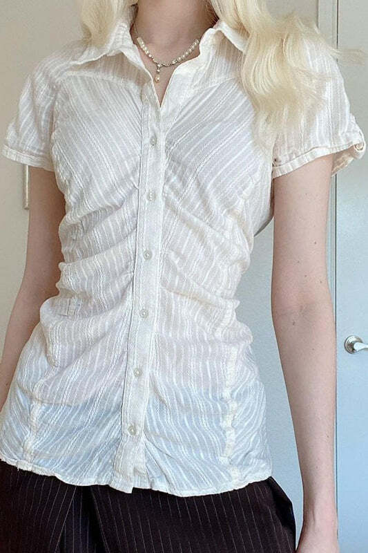 Polo Collar Ruched Slim Texture White Blouse