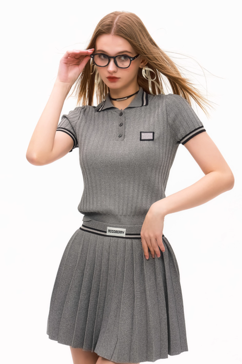 Polo Rib Knit Top / Pleated Skirt