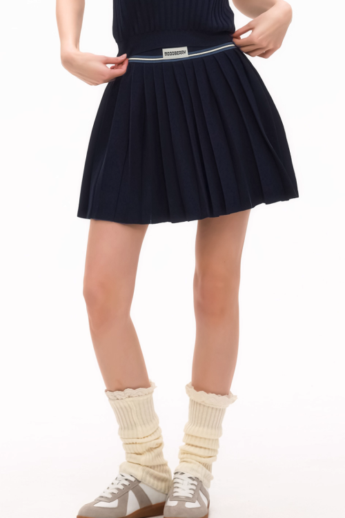 Polo Rib Knit Top / Pleated Skirt