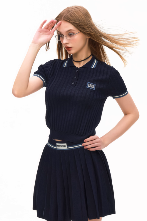 Polo Rib Knit Top / Pleated Skirt