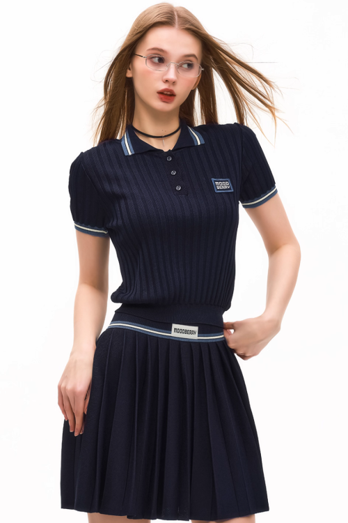 Polo Rib Knit Top / Pleated Skirt