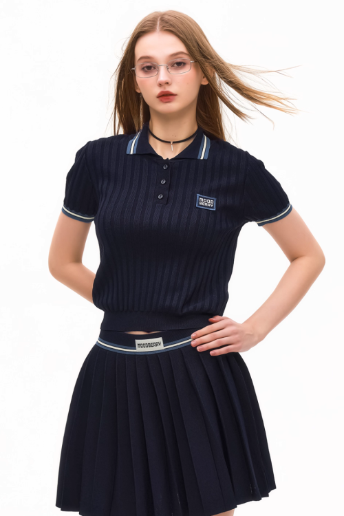 Polo Rib Knit Top / Pleated Skirt