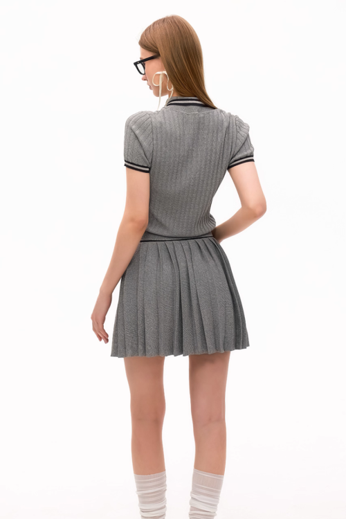 Polo Rib Knit Top / Pleated Skirt