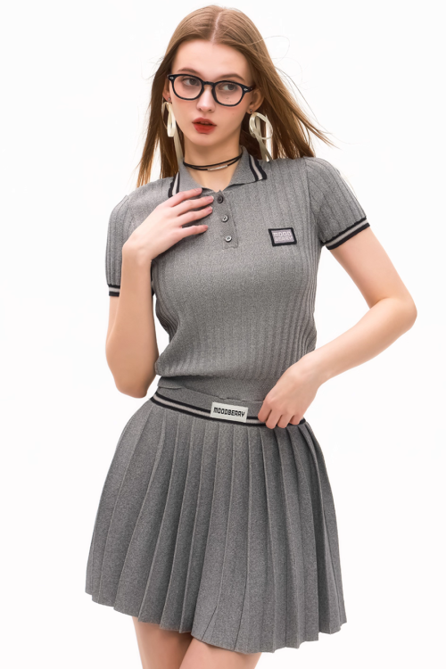 Polo Rib Knit Top / Pleated Skirt