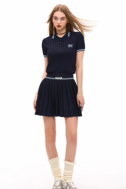 Polo Rib Knit Top / Pleated Skirt