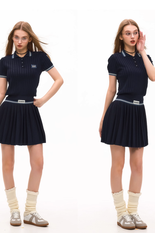 Polo Rib Knit Top / Pleated Skirt
