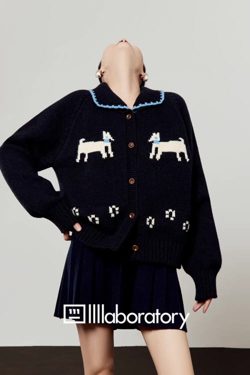 Puppy Jacquard Knit Cardigan / Mini Skirt