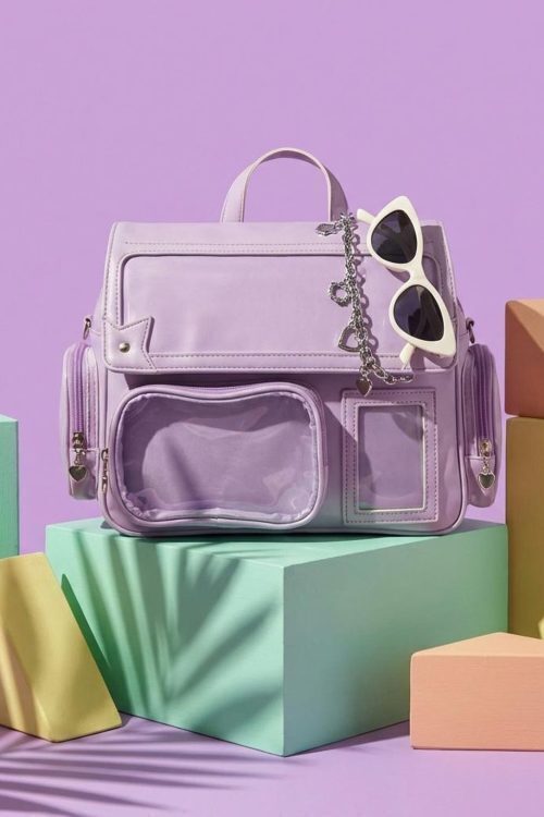 Purple Kawaii Convertible Ita Bag with Clear Window for Pin Display