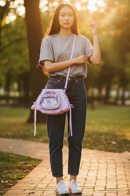 Purple Kawaii Convertible Ita Bag with Clear Window for Pin Display