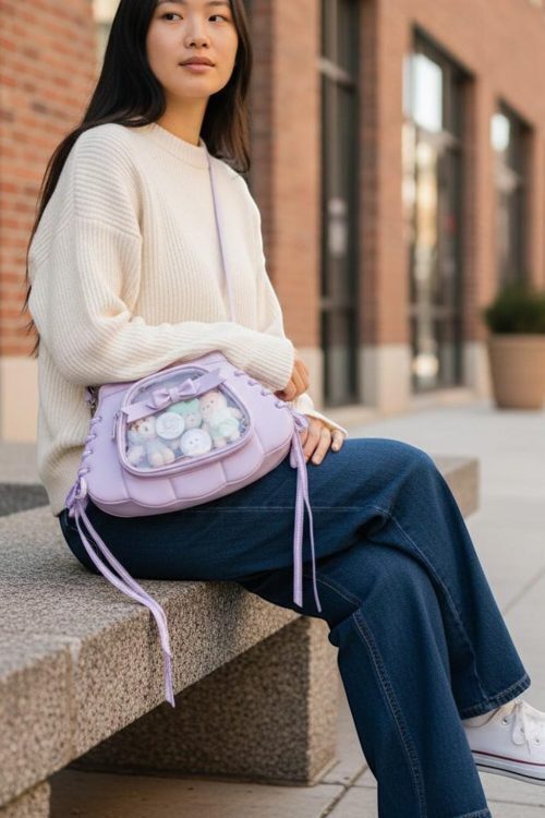 Purple Kawaii Convertible Ita Bag with Clear Window for Pin Display