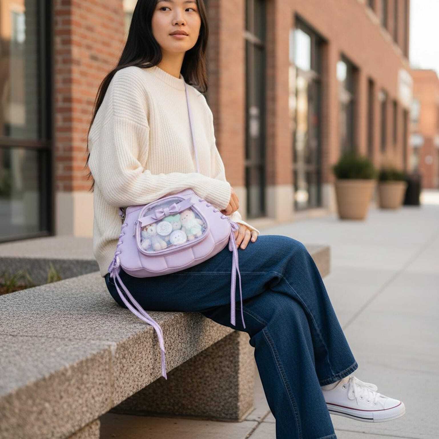 Purple Kawaii Convertible Ita Bag with Clear Window for Pin Display Purple Kawaii Convertible Ita Bag with Clear Window for Pin Display