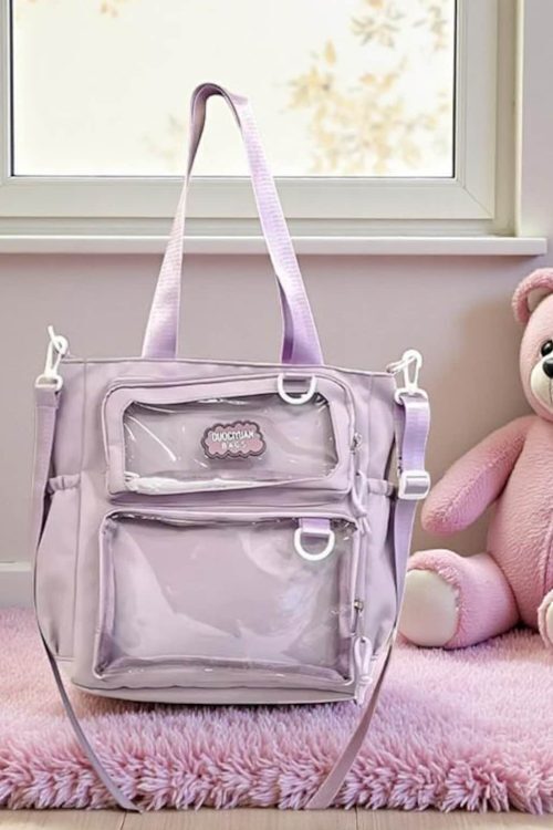 Purple Kawaii Convertible Ita Bag with Clear Window for Pin Display