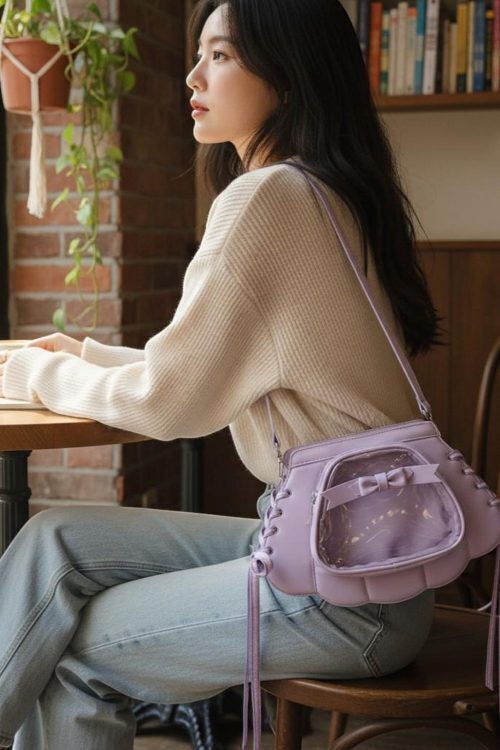 Purple Kawaii Convertible Ita Bag with Clear Window for Pin Display