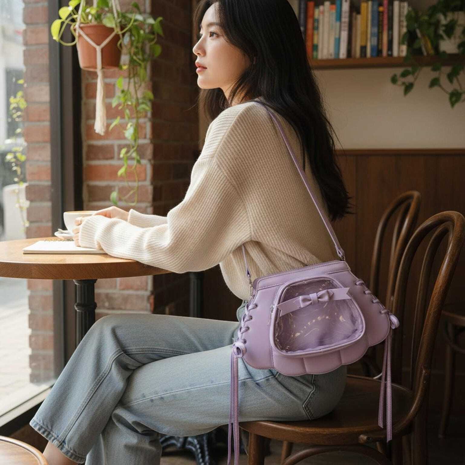 Purple Kawaii Convertible Ita Bag with Clear Window for Pin Display Purple Kawaii Convertible Ita Bag with Clear Window for Pin Display