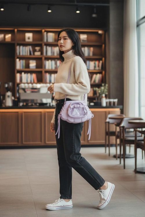 Purple Kawaii Convertible Ita Bag with Clear Window for Pin Display