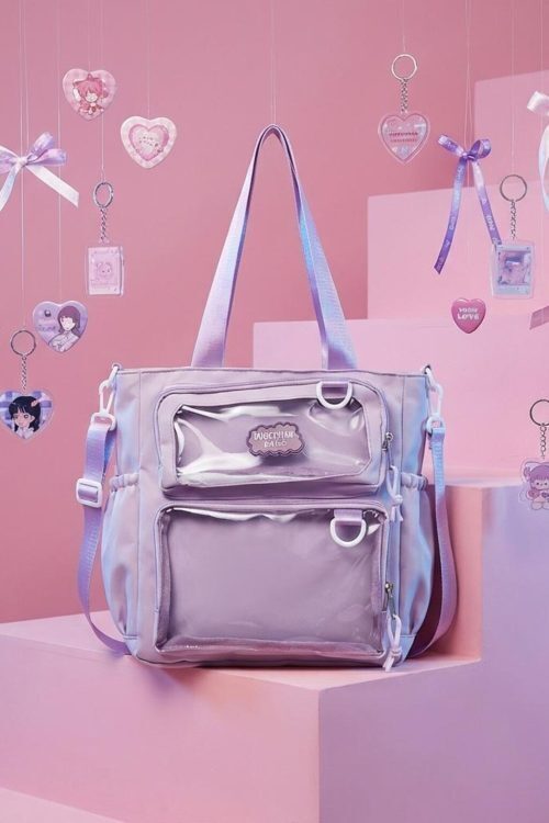 Purple Kawaii Convertible Ita Bag with Clear Window for Pin Display