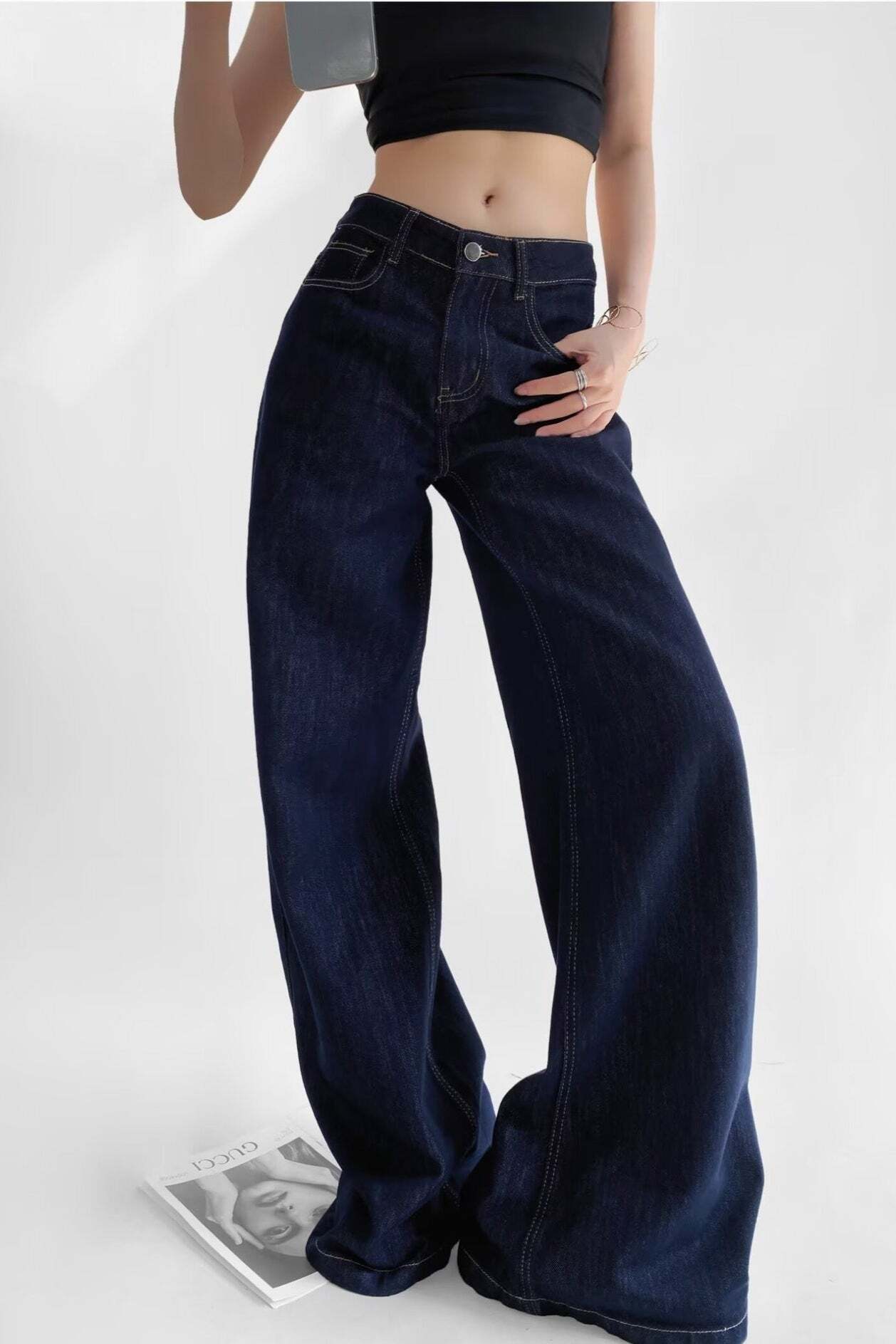 Raw Denim High Waist Loose Straight Floor Jeans