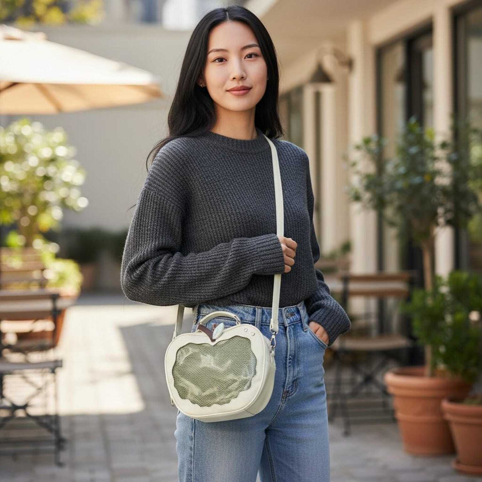 Red Apple Convertible Ita Bag with Clear Window for Pin Display Red Apple Convertible Ita Bag with Clear Window for Pin Display