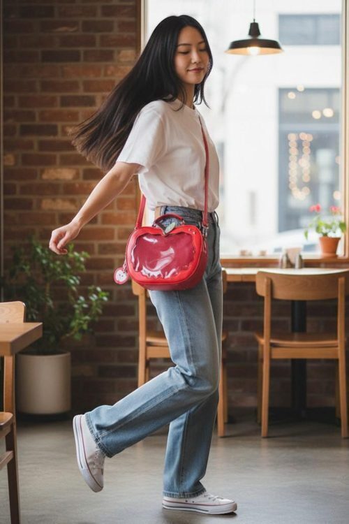 Red Apple Convertible Ita Bag with Clear Window for Pin Display