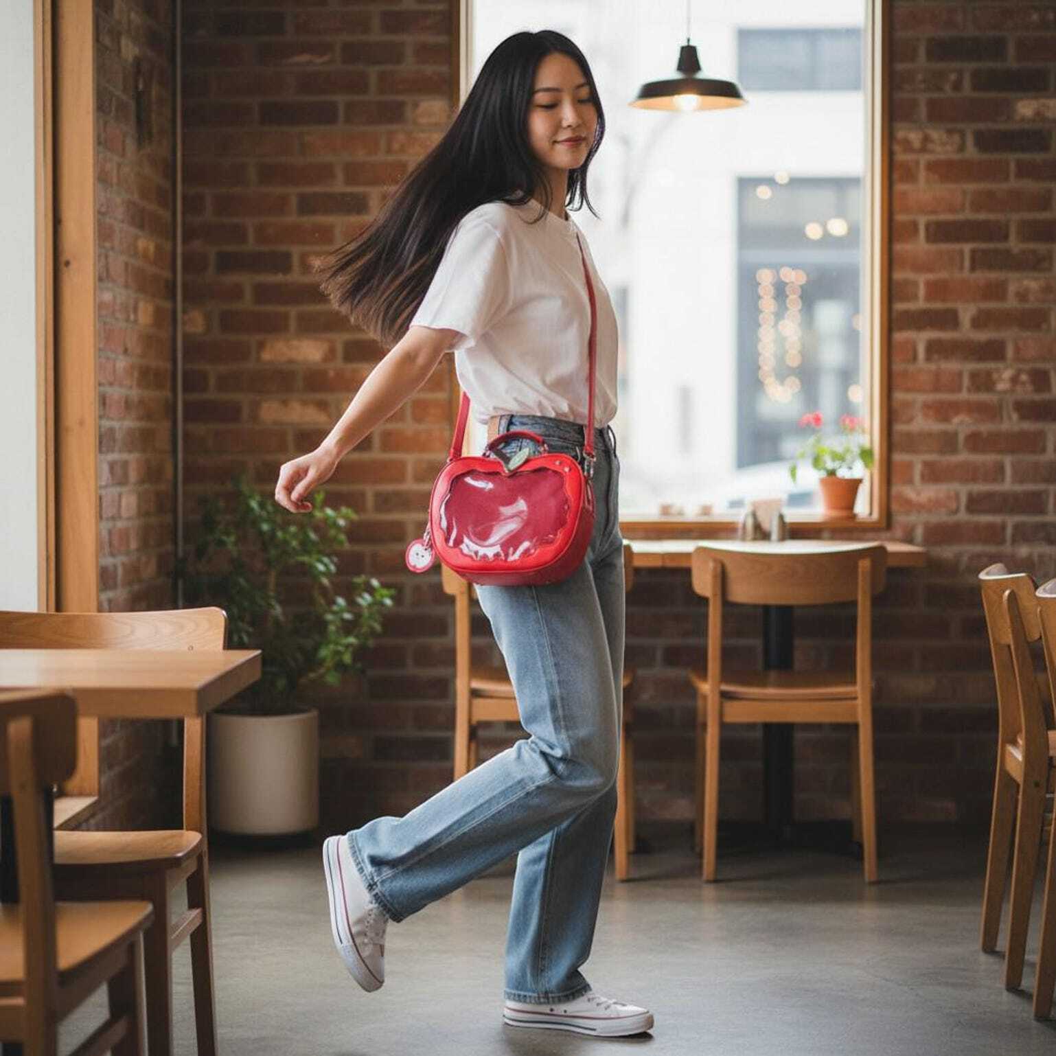 Red Apple Convertible Ita Bag with Clear Window for Pin Display Red Apple Convertible Ita Bag with Clear Window for Pin Display