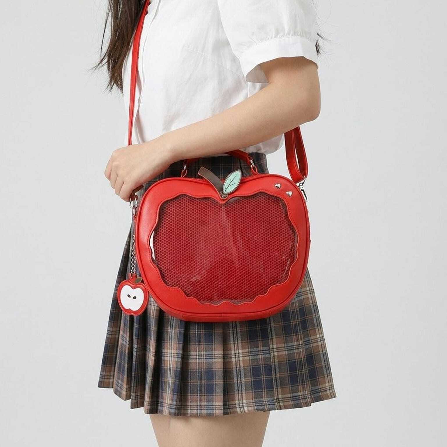 Red Apple Convertible Ita Bag with Clear Window for Pin Display Red Apple Convertible Ita Bag with Clear Window for Pin Display