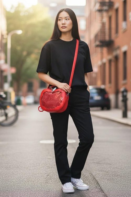 Red Apple Convertible Ita Bag with Clear Window for Pin Display