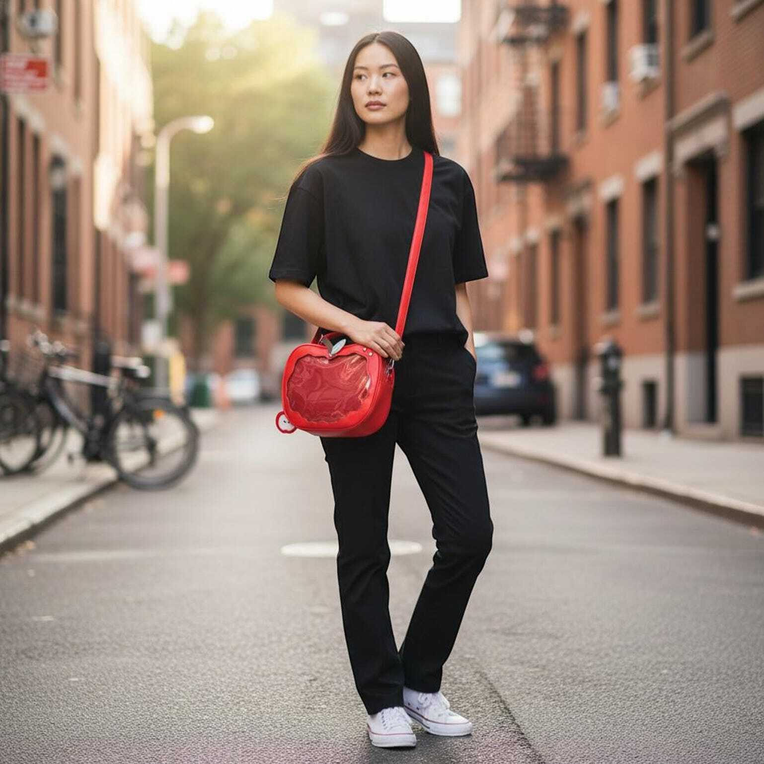 Red Apple Convertible Ita Bag with Clear Window for Pin Display Red Apple Convertible Ita Bag with Clear Window for Pin Display