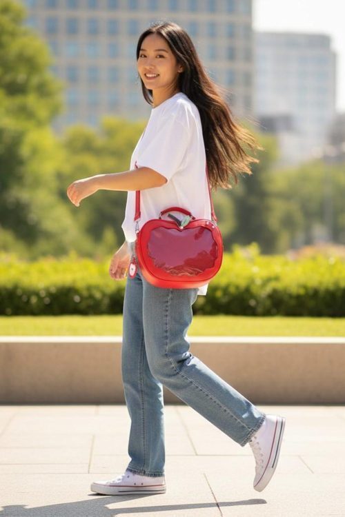Red Apple Convertible Ita Bag with Clear Window for Pin Display